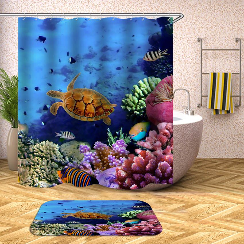 Sea Turtle Fish Coral Shower Curtain Polyester Waterproof Fast Shipping