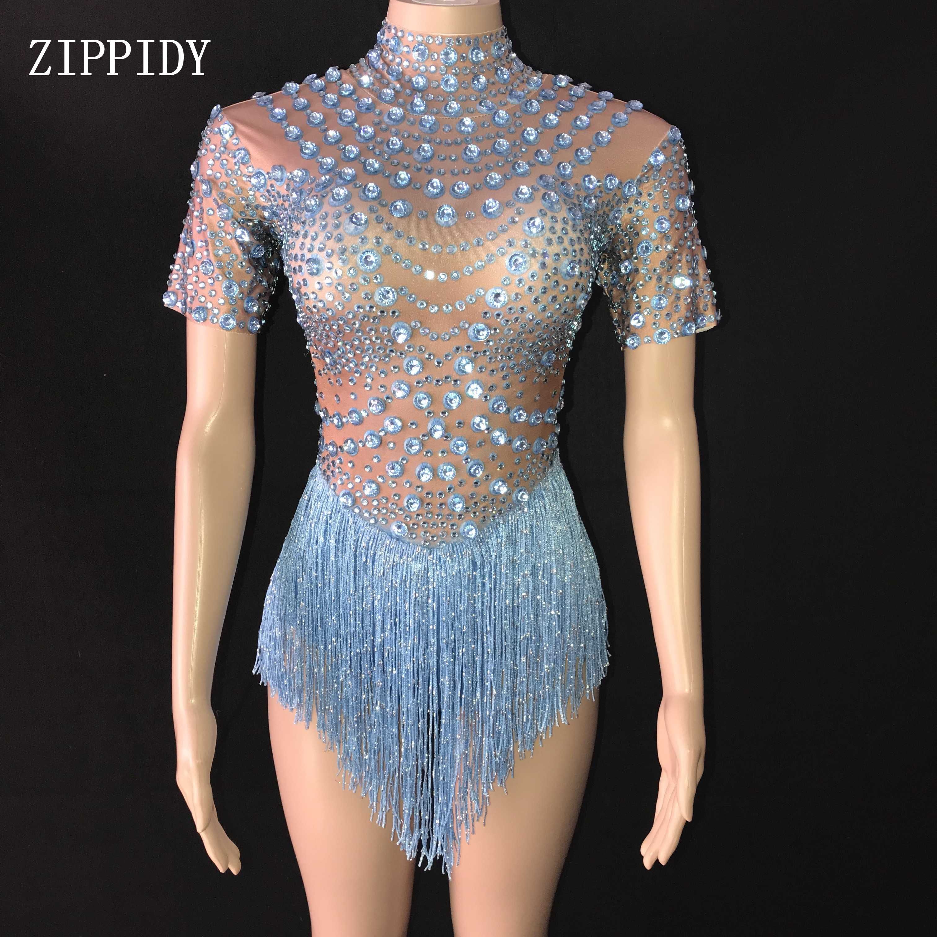 Gold Rhinestones Tassel Bodysuit Leotard Dance Wear Singer Crystals Costume