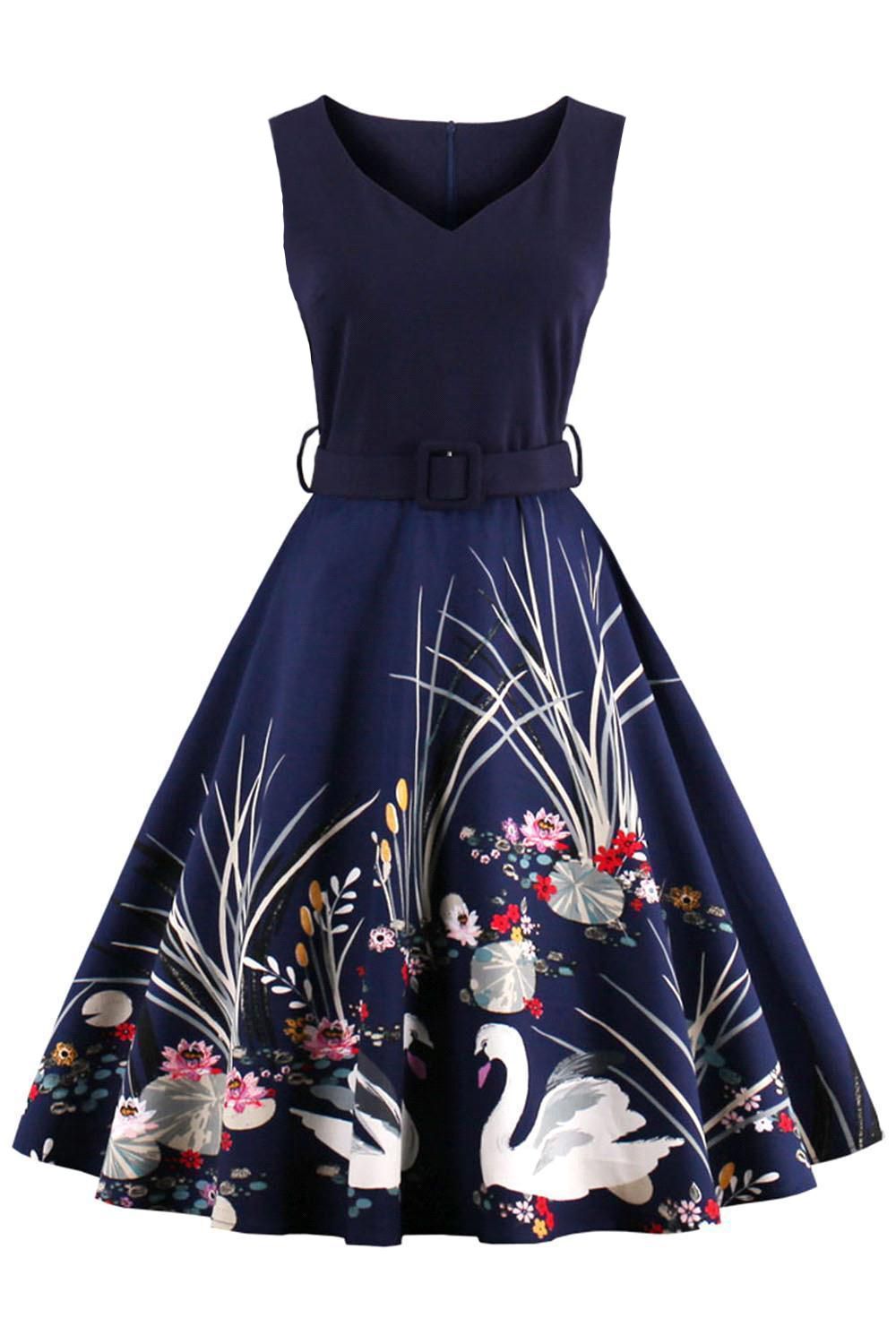 Navy Blue Vintage 50s 60s Printed Sleeveless Women Dresses Retro Swing Sashes Pinup Elegant Office Party Dress Women Plus Size Robe Fs1808 From Wholesalefactory 10 14 Dhgate Com