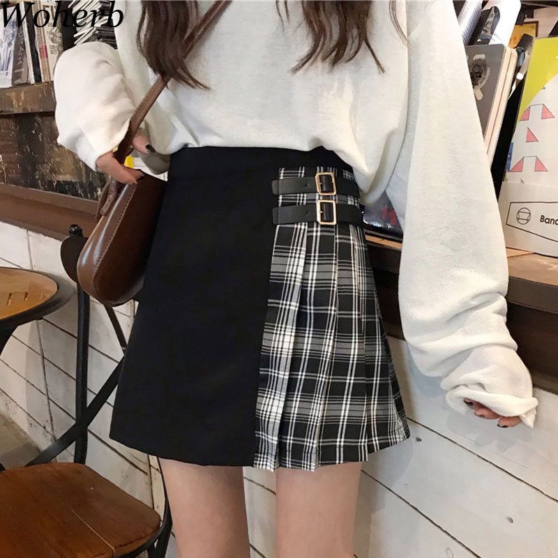 Faldas al por mayor para mujer ropa coreana 2019 Summer Plaid Patchwork Mini falda de