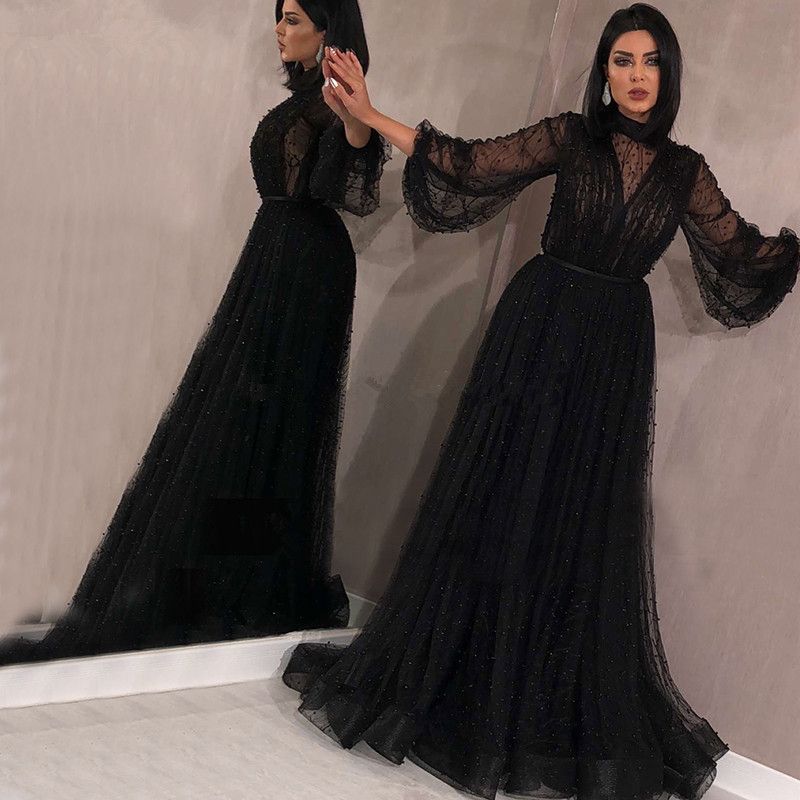 Black Arabic Muslim Evening Dresses 2020 A Line Long Sleeves Tulle ...