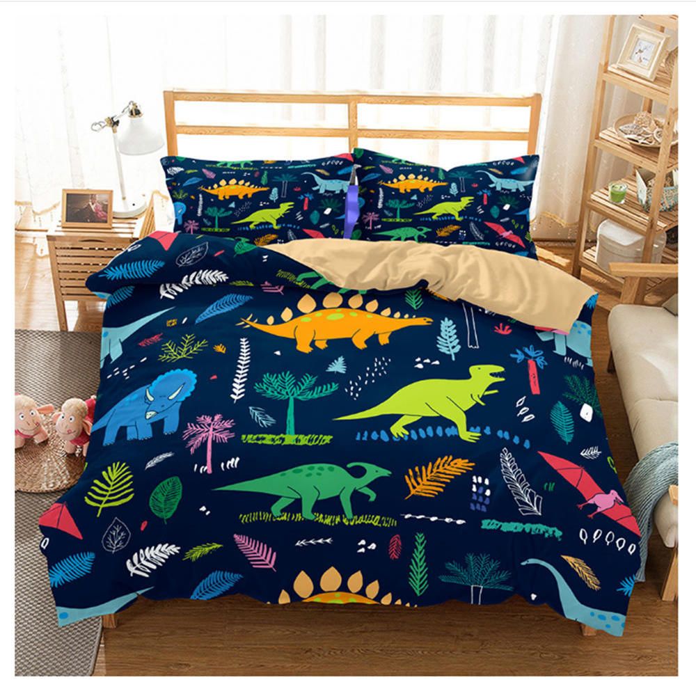 Kids Bedding Set Dinosaur Cartoon Cute Dark Blue Duvet Cover For