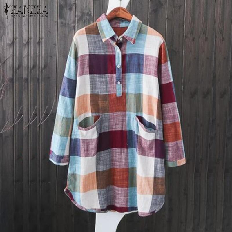 Acquista Top Blusas 2019 Zanzea Camicie A Maniche Lunghe Da Donna Vintage Collo Con Risvolto A Molla Camicia Da Lavoro Casual Camicia A Quadri Scozzese Retro Allentata A 12 11 Dal Xianfeiyu Dhgate Com