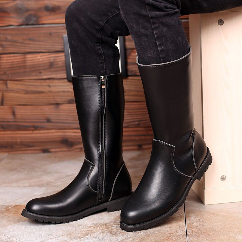 Knee High Boot Men Round Toe Leather 