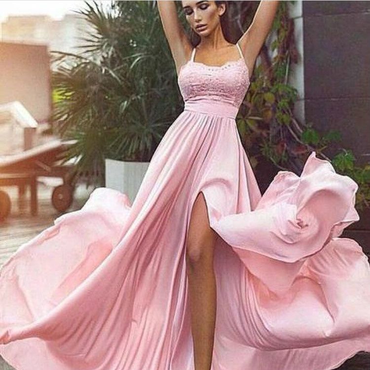 Slit Pink Long Prom Dresses Lace Pageant Gowns Robe De Soiree