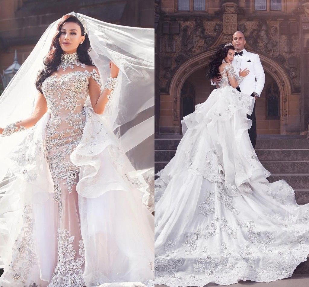 Luxurious Rhinestone Crystal Wedding Dress With Skirts High Neck Beads Applique Long Sleeves Mermaid Bridal Dress Dubai Wedding Gown From Beautydesign 217 95 Dhgate Com