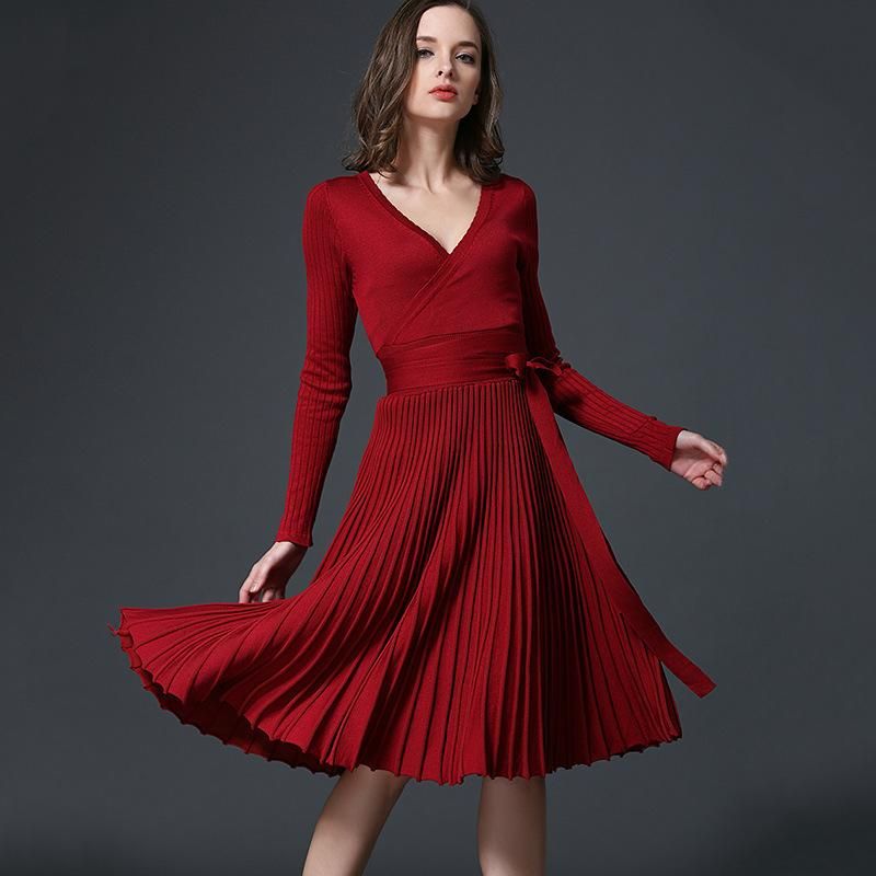 Lady Office Women Dress Spring And Autumn Dress Sexy Long Sleeve V Neck Knitting Dresses Elegant