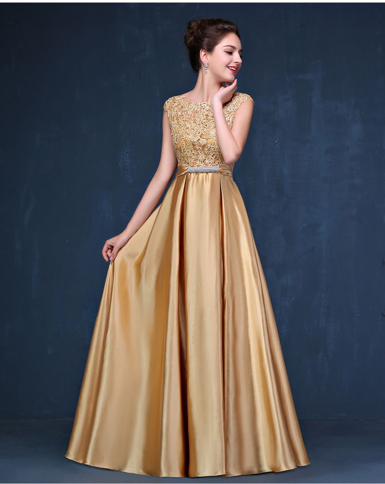 Adaptar clima Abandonar Vestidos de dama de honor de satén de oro con apliques de encaje 2019  elegante vestido de fiesta largo nuevo vestido de longitud de piso