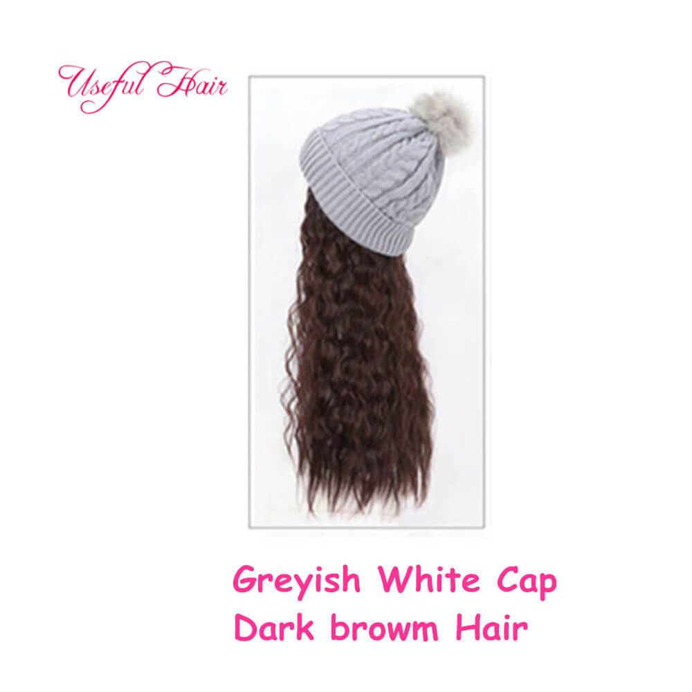 Greyish white cap dark brwon Curly hair
