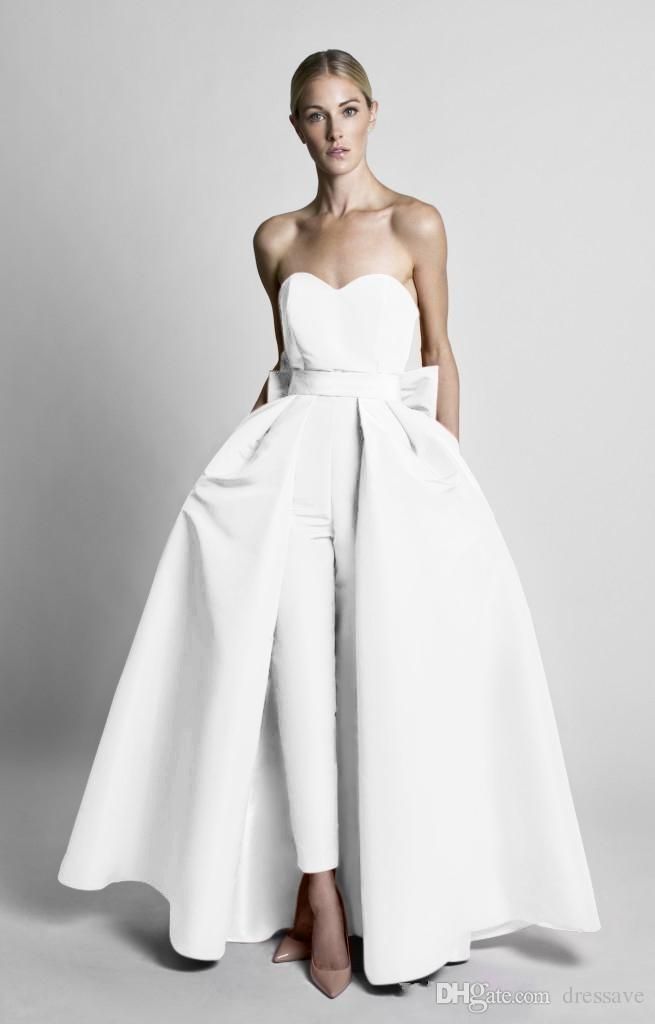 Acquista Tute Rosse Modeste Abiti Da Wdding Con Gonna Staccabile Abiti Da  Sposa Senza Spalline Pantaloni Da Festa Donna Su Misura A 169,85 € Dal  Tailor_made | DHgate Italy