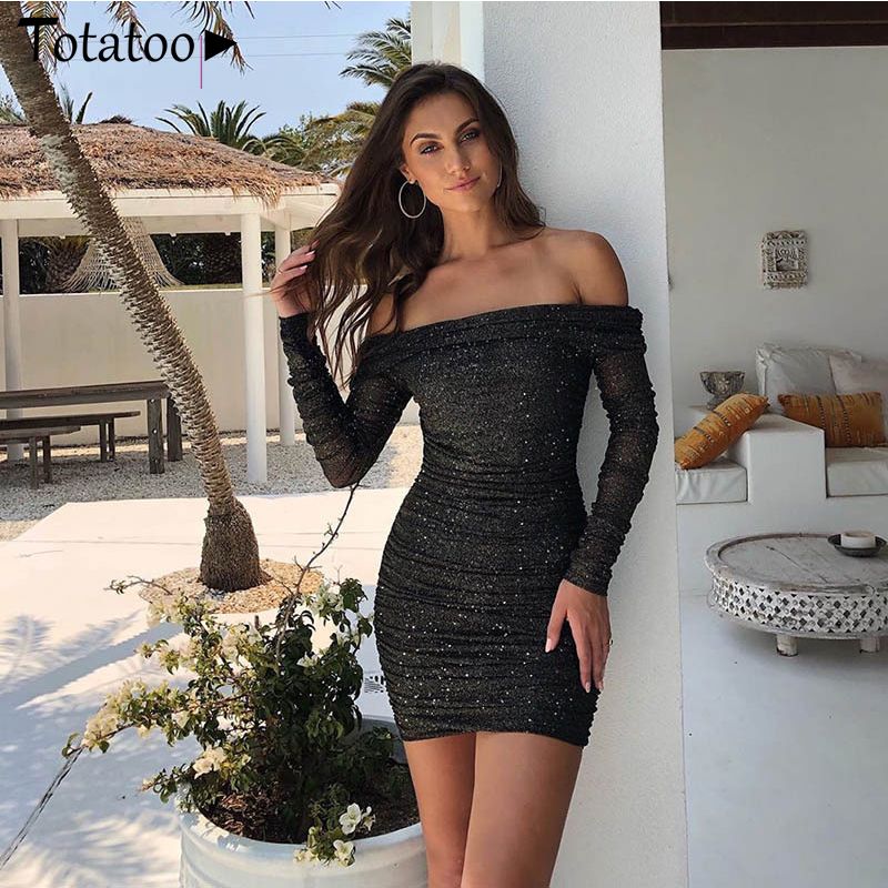shiny long sleeve bodycon dress