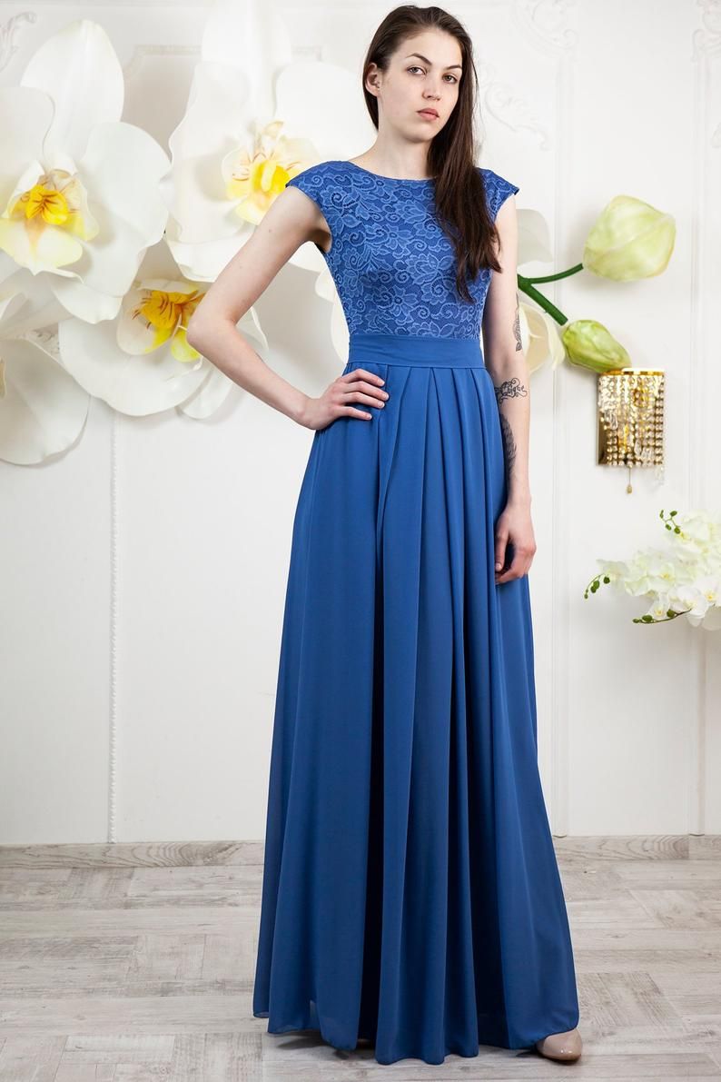 Royal Blue Lace Chiffon A Line Long Modest Bridesmaid