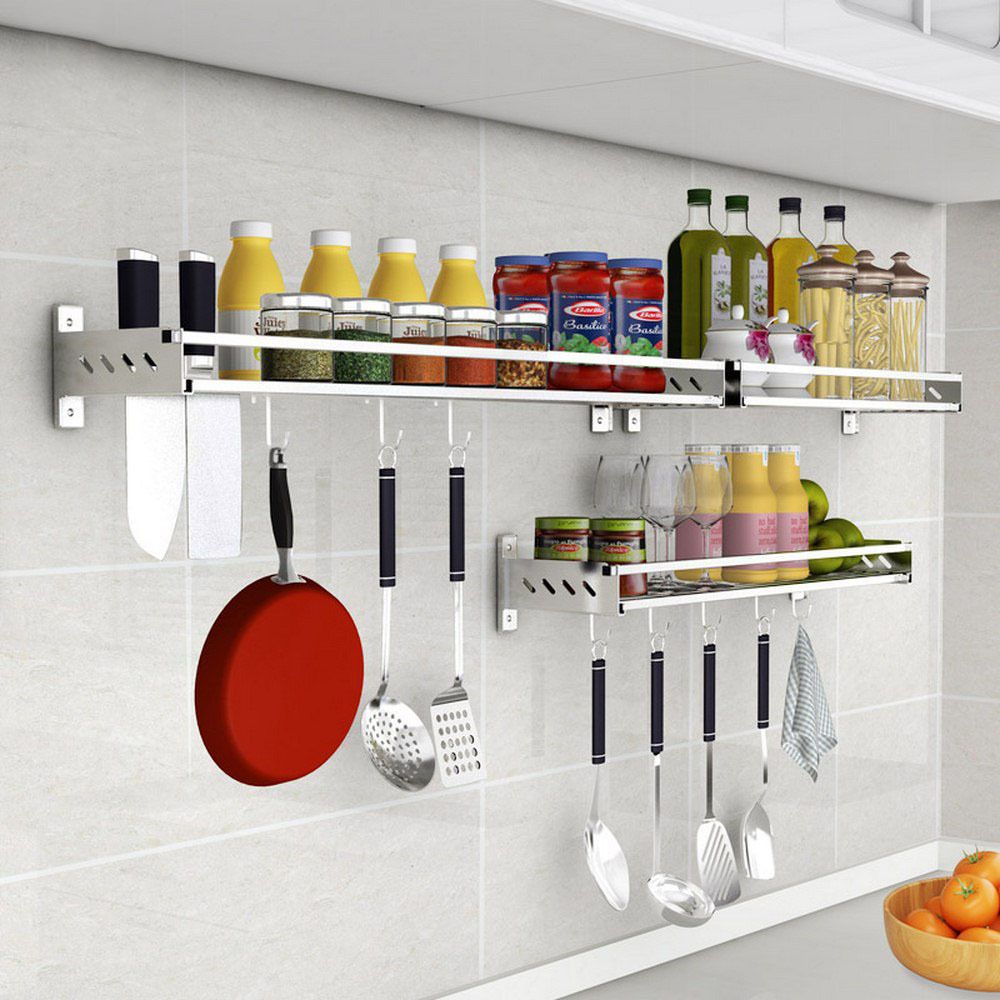 Kitchen Storage Organization 20 50cm Stainless Steel Spice Rack Kitchen Wall Shelf Kitchen Storage Punch Free Home Garden