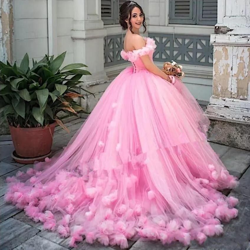 2020 Cinderella Pink Princess Puffy Quinceanera Dresses 3D Floral ...