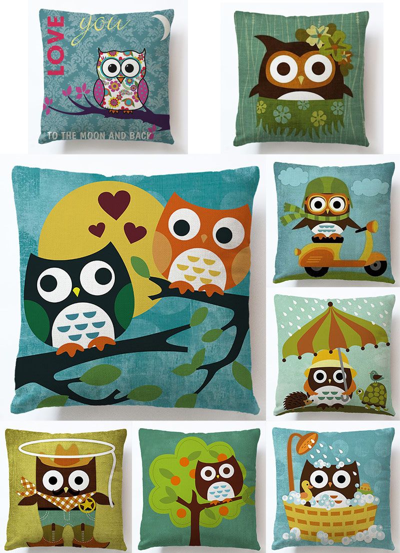 24 Designs Cartoon Bird Owl Pillow Case Linen Cotton Throw