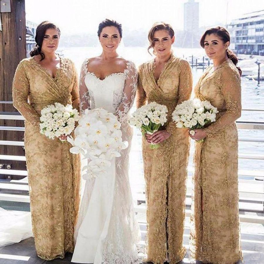 Gold bridesmaid dresses long sleeve Clearance