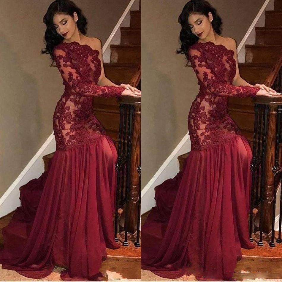 2019 Nuevos vestidos de graduación de manga larga de un color rojo oscuro con apliques de 2019 Nuevos vestidos de graduación de manga larga de un color rojo oscuro con apliques de