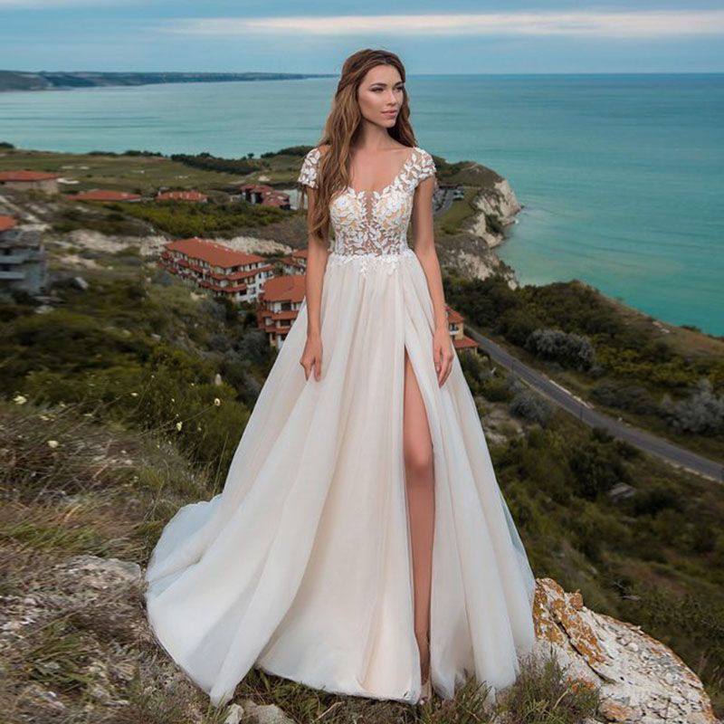 Cheap Beach Wedding Dresses With High Slits Sexy Backless