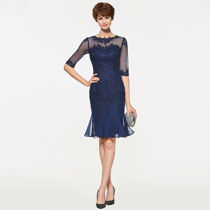 Navy Blue Young Mother Of The Bride Dresses With Applique Sheer Half ...