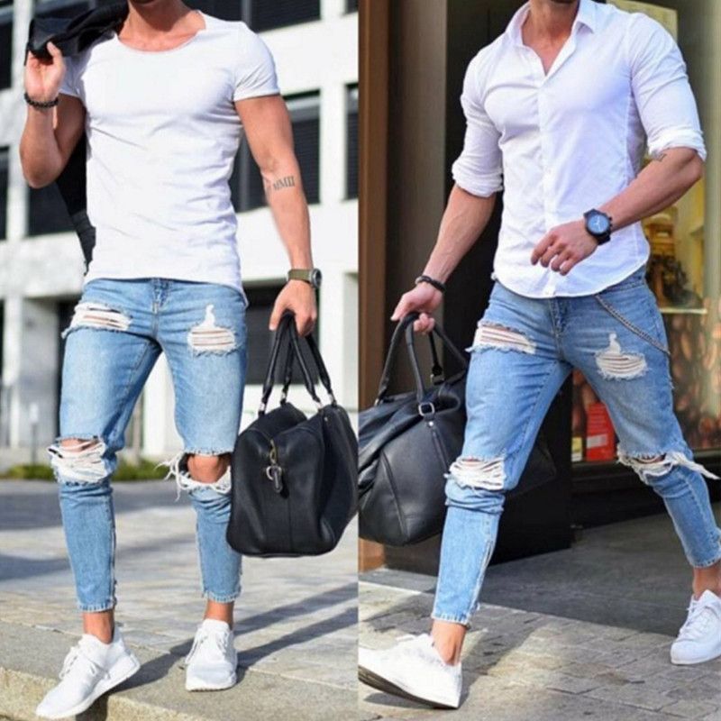 Compre Casual Skinny Jeans Hombres Rectos De Los Pantalones Vaqueros De  Mezclilla / Pantalones Vaqueros Masculinos Del Flaco Los Hombres Son De  Color Claro Y Rasgados A 22,64 € Del Beautifulangel188 | Es.Dhgate.Com