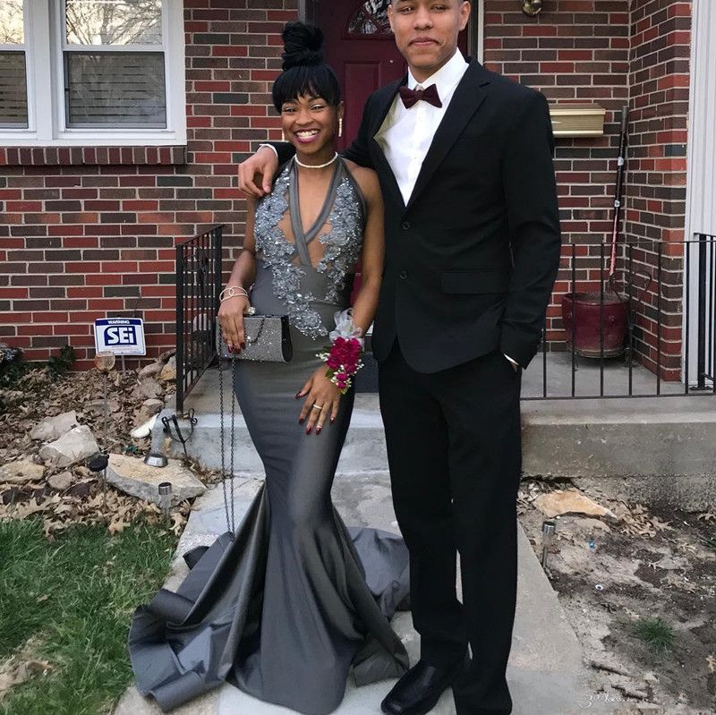 2020 Dark Gray Deep V Neck Mermaid Prom 