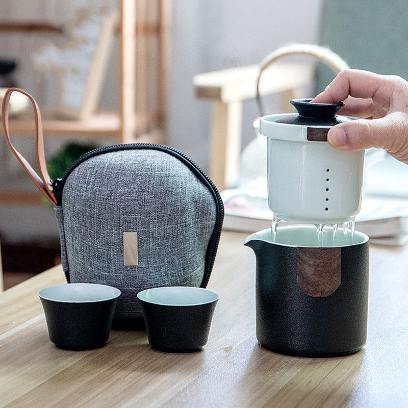 Portable Tea Set Ceramic Travel Tea Pot With Two Cups Home Office