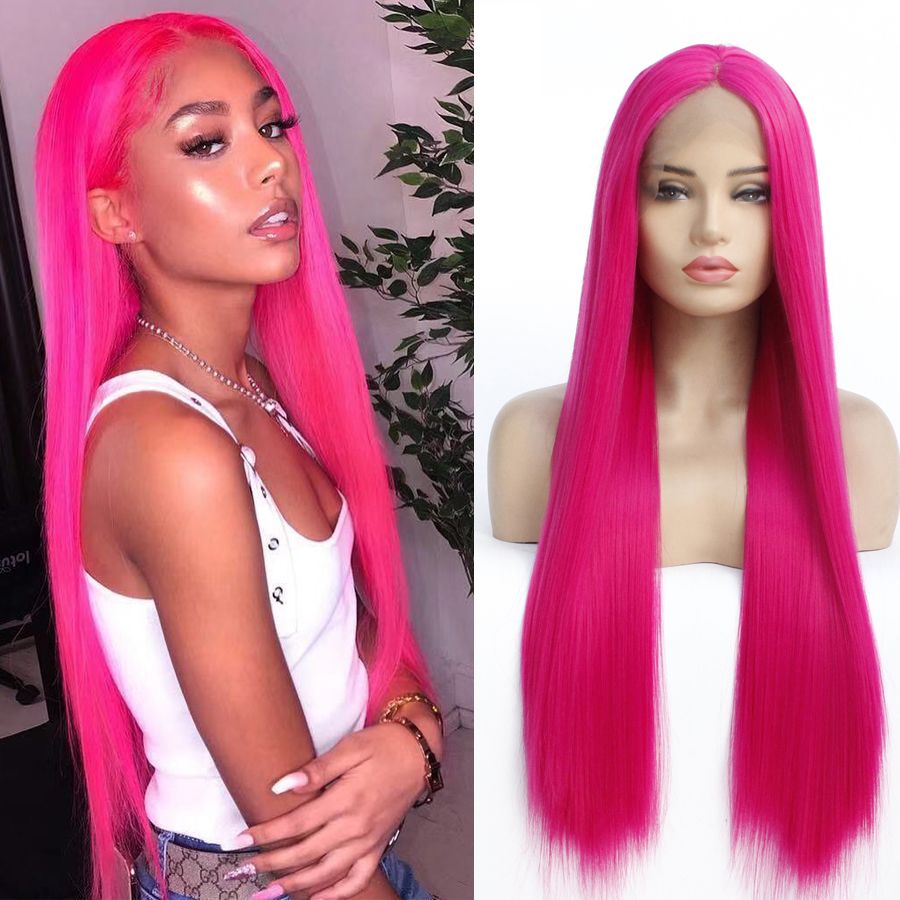 High Quality Rose Red Colors Long Straight Hair Lace Front Wig Heat