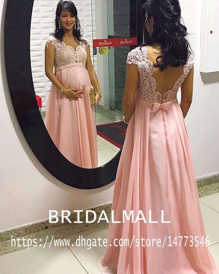Compra De Encaje De Maternidad Con Cuentas Vestidos De Noche Árabes Con  Mangas Casquillo Gasa Rosa Vestidos Largos De Fiesta Elegante Fiesta Formal  Dama De Honor Vestidos Embarazadas Barato | Entrega Rápida