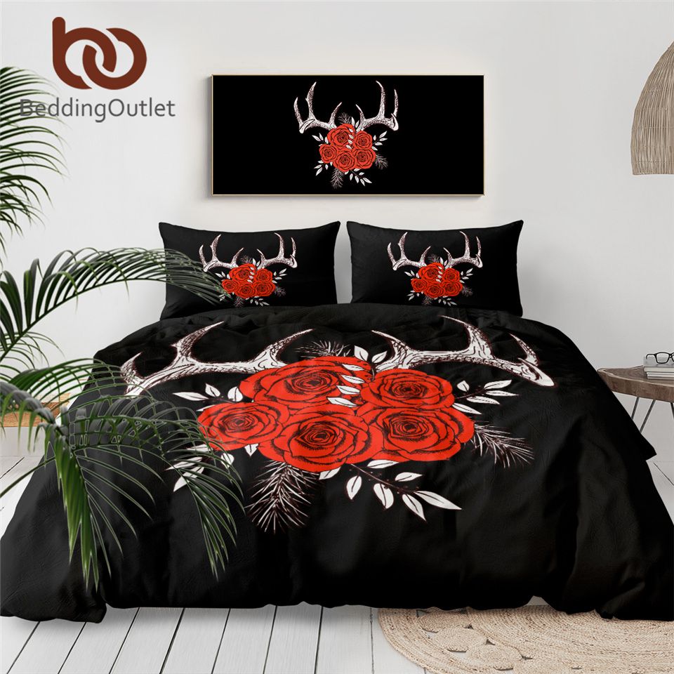 Beddingoutlet Antlers Bedding Set Red Roses Duvet Cover Floral