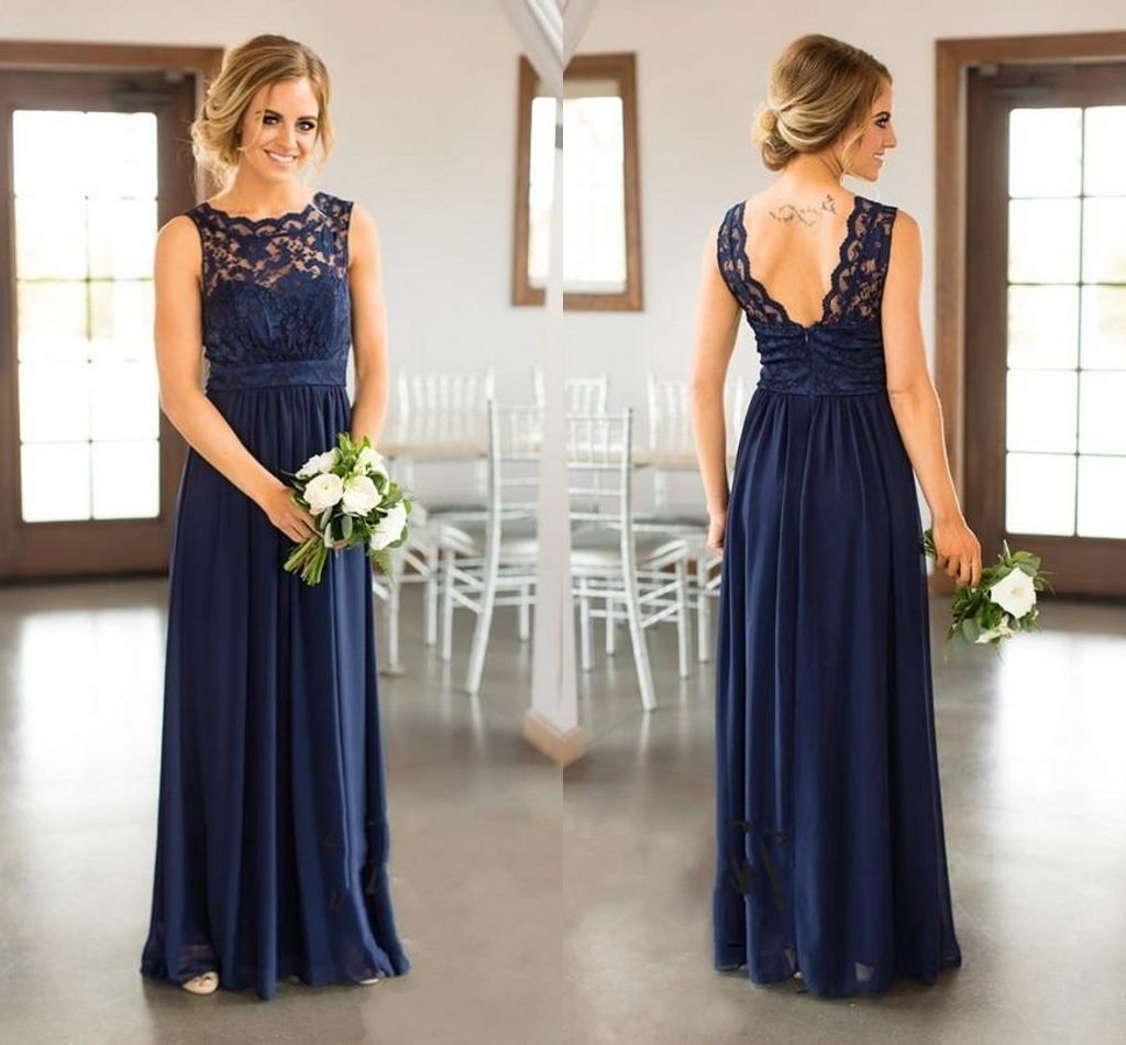 Acheter Nouvelles Robes De Demoiselle Dhonneur En Dentelle Bleu Marine Pour Le Mariage à La Campagne Une Ligne Bijou Longue En Mousseline De Soie