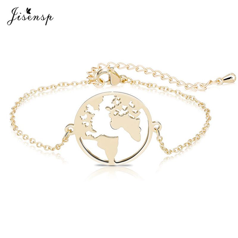 Acheter Jisensp Simple Terre Carte Du Monde Charme Bracelets Pour Femmes 2018 Boho Bijoux En Acier Inoxydable Lien Chaîne Bracelet Or Argent Rose