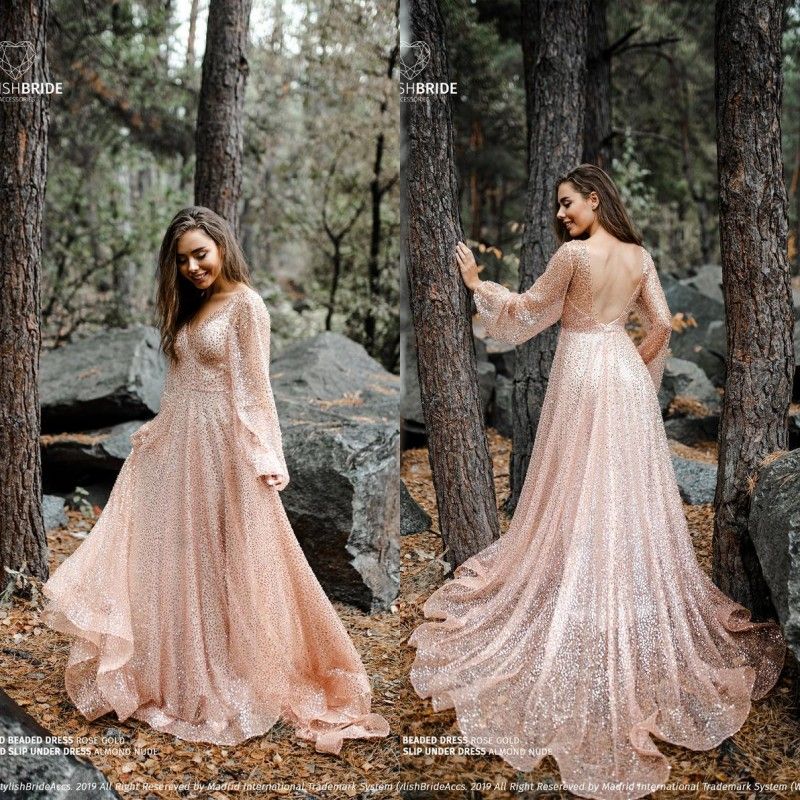 rose gold long sleeve wedding dress