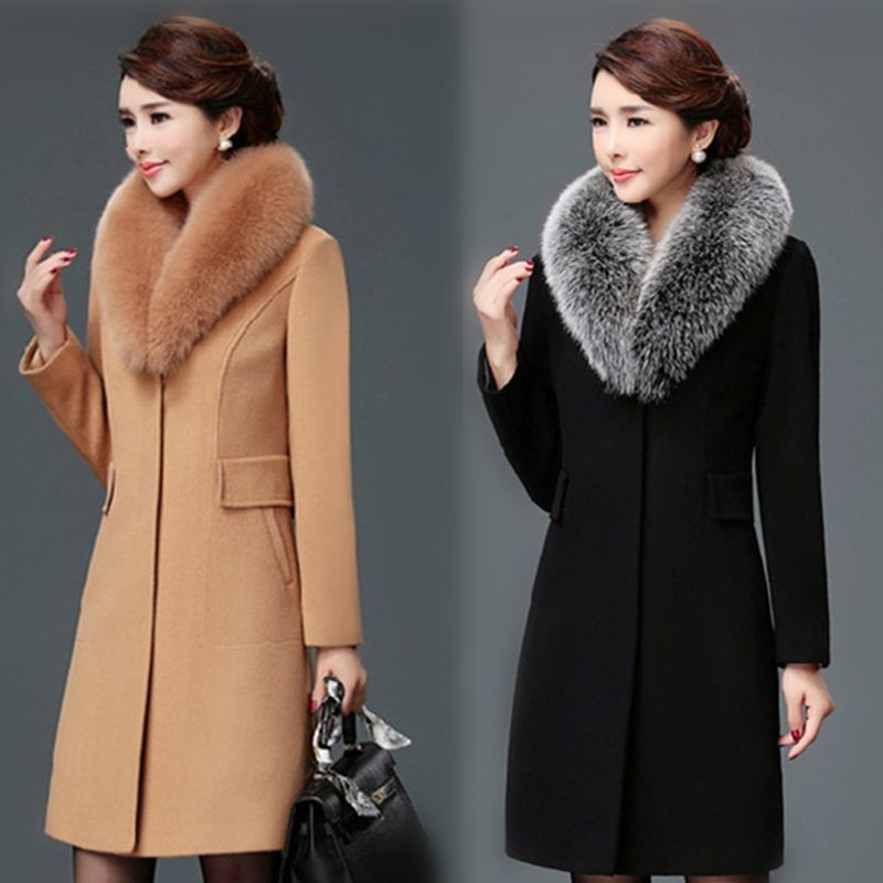Compra De Alta Calidad De Cuello De Piel De Las Mujeres Abrigo De Lana De  Color Caqui Negro Para Mujer De Invierno De Los Abrigos Largos Ocasionales  Delgados Modas Elegantes Abrigos Mujer