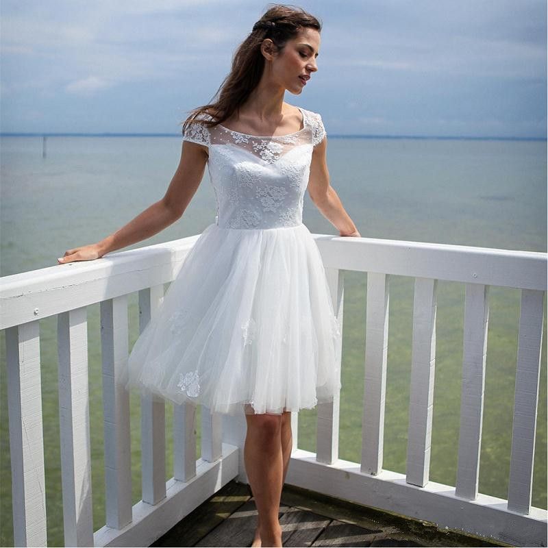 Discount Summer Short Beach Wedding Dresses 2019 Hot Sales Simple Style Cap Sleeve Knee Length A Line Tulle Lace Bridal Gowns Vestidos De Novia W262