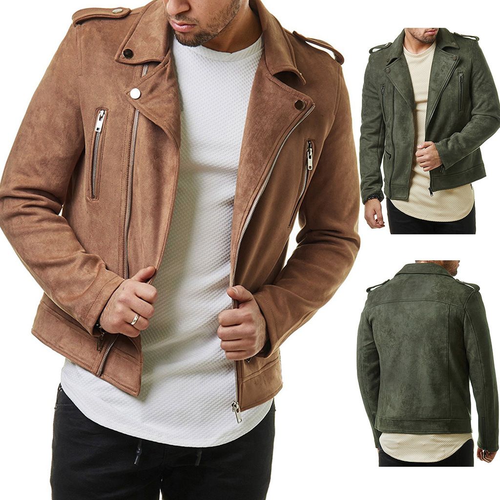 New Mens Large Lapel Leather Jacket Short Diagonal Zipper Suede Jacket ...