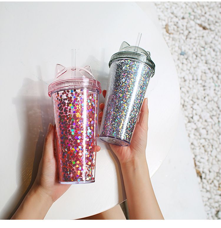 Straw Cup Sequined Glitter Cup Colorful Coffee Juice Straw Mug Simple Cute  Creative Plastic Bottom Outdoor Portable Cup