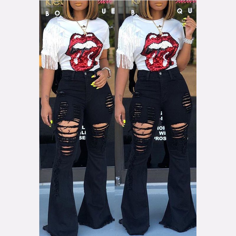 Compra Womens Jeans Cintura Alta De La Llamarada De Los Pantalones Vaqueros  Mujer Negro Bell Bottom Ripped Jeans Para Mujeres Dril De Algodón Flaco  Mamá Pierna Ancha De Gran Tamaño De Los