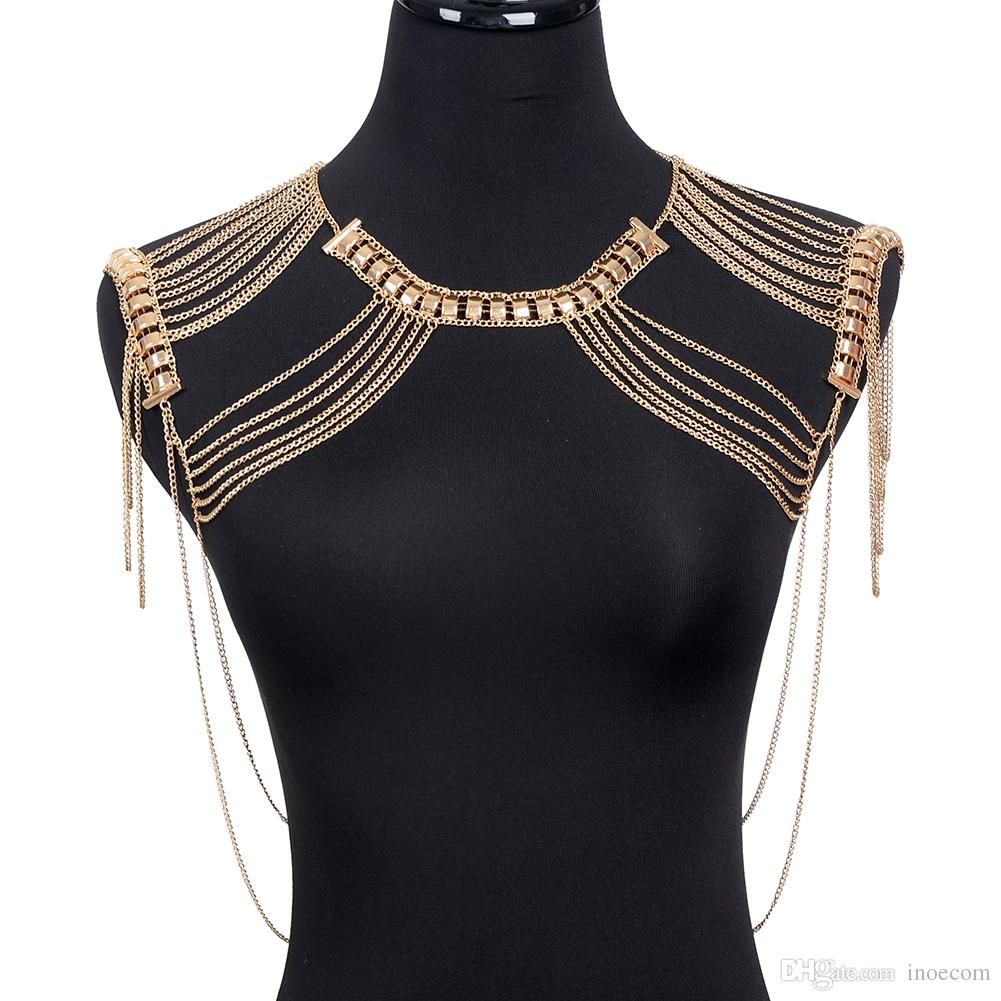 Collar de Plata de Oro de Moda de Joyas de Cintura Vientre Cuerpo Arnés de cruce cadenas 