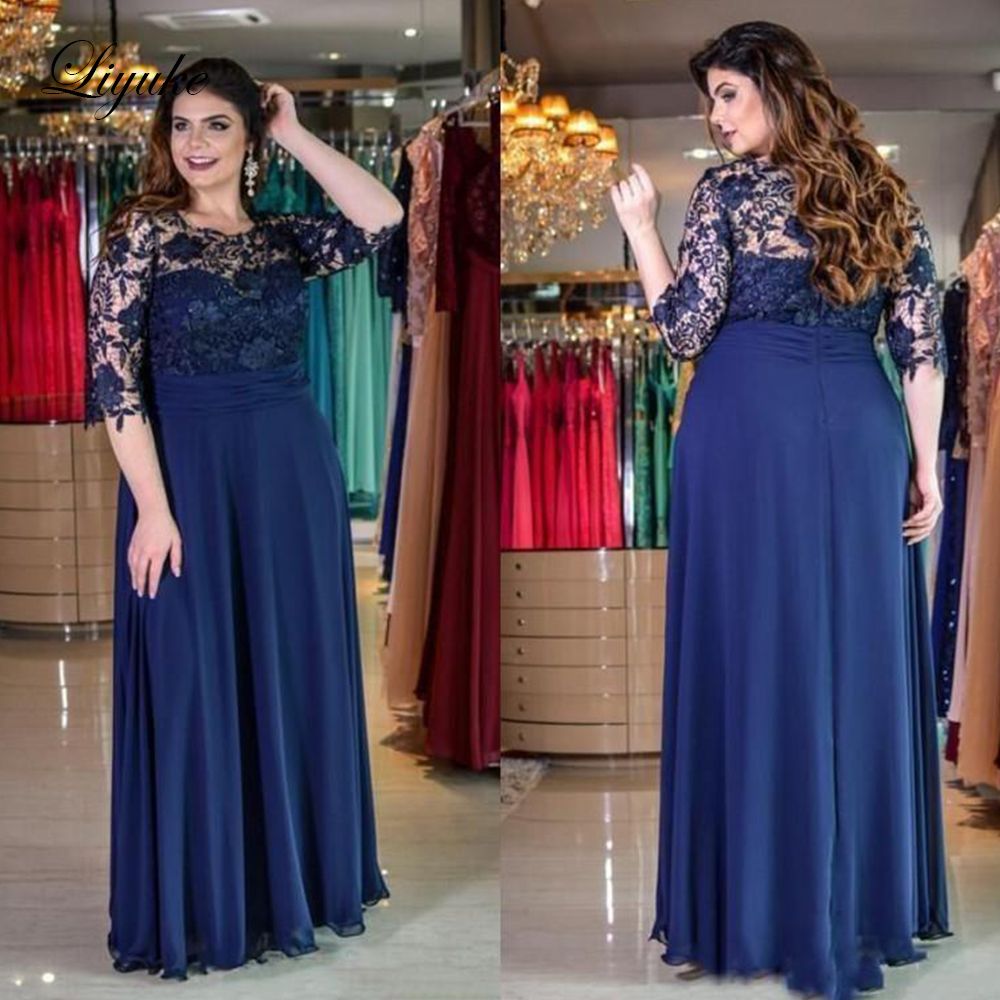 Compra Azul Marino O Cuello Una Línea Vestidos De Madrina Apliques Gasa  Hasta El Suelo Encaje Fiesta De Bodas Invitado Vestido De Fiesta De  Graduación Tallas Grandes Liyuke Barato | Entrega Rápida