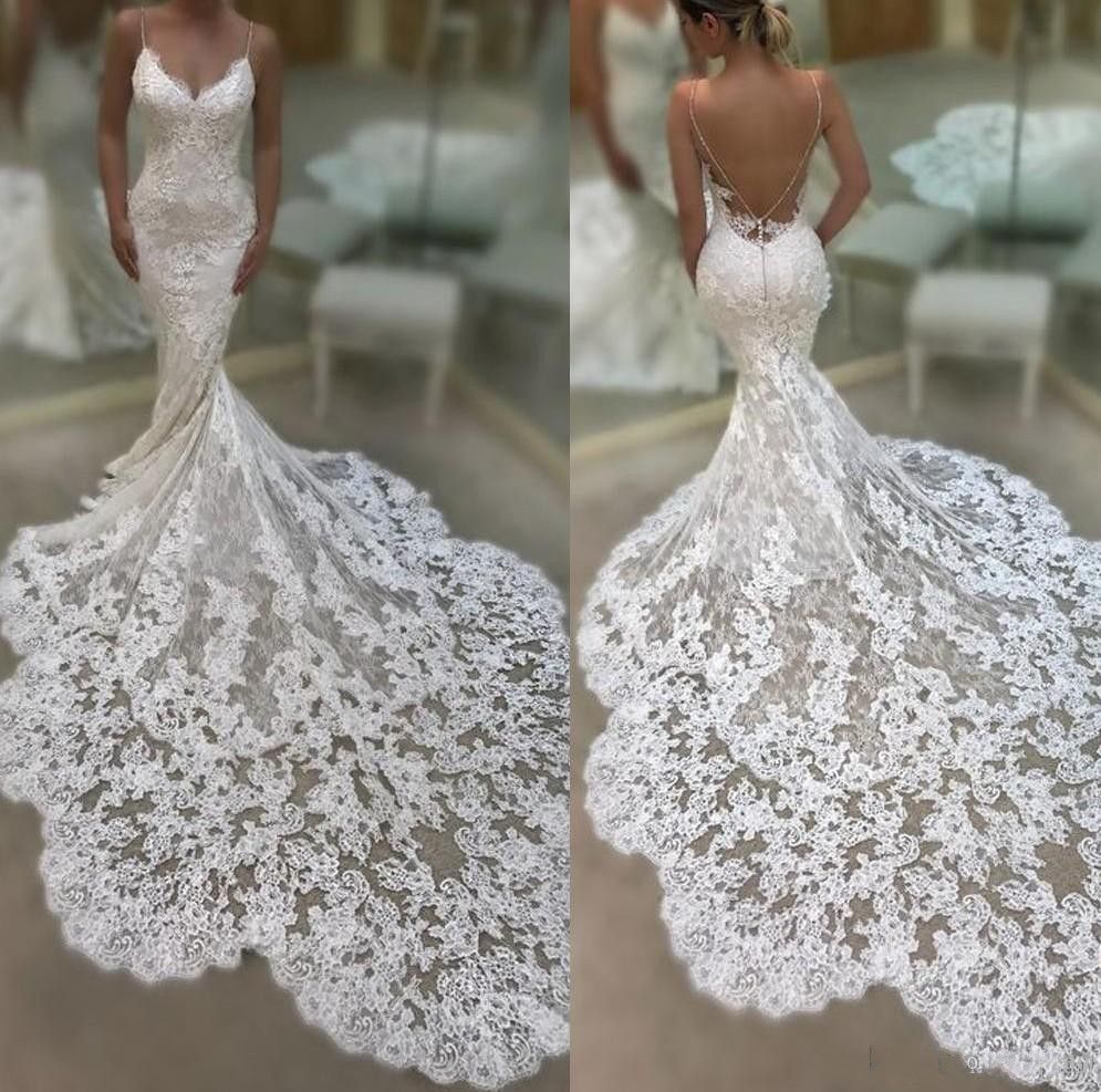 2020 New Summer Beach Mermaid Wedding Dresses Spaghetti Straps Lace