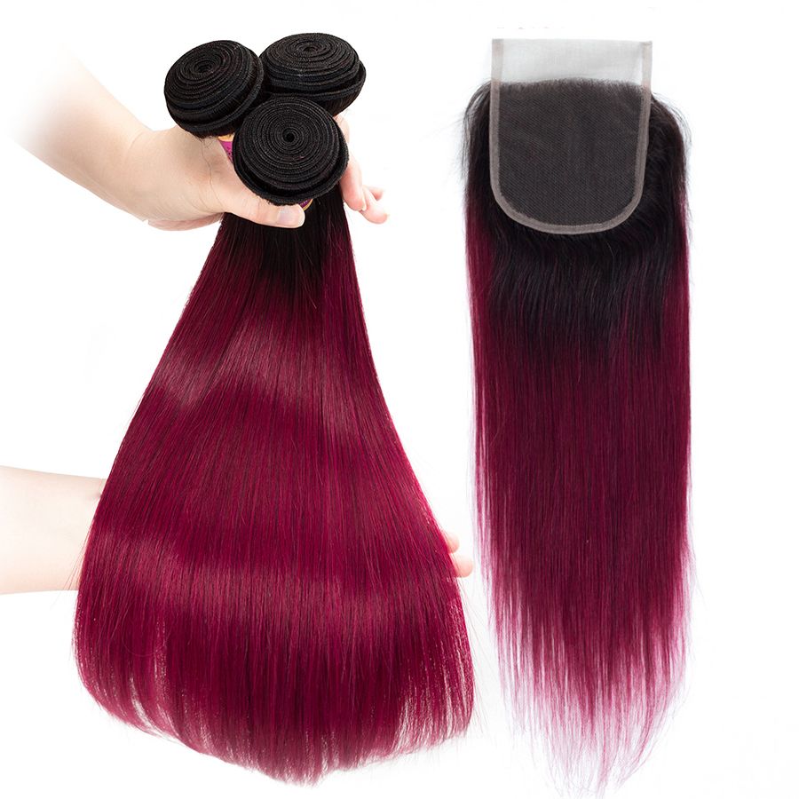 2019 Black And 1b Burgundy Peruvian Straight Hair Bundles With Lace Closure Free Middle Three Part Ombre Red Human Hair Bundles From Beautystar001