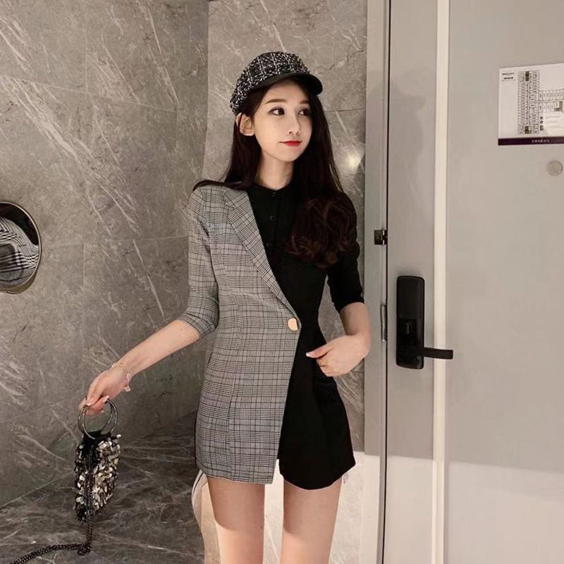 Blazers 2019 Casual Mujeres Chaqueta Ropa de Moda Coreana Negro Gris Patchwork Color Half