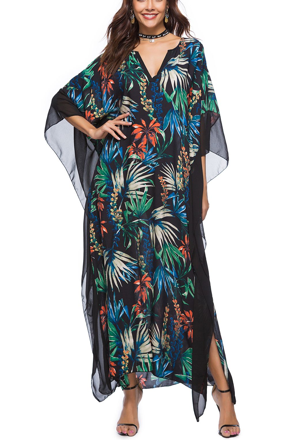 Women Loose Beach Cover Ups Beach Kaftan Beachwear V Neck Bat Sleeve