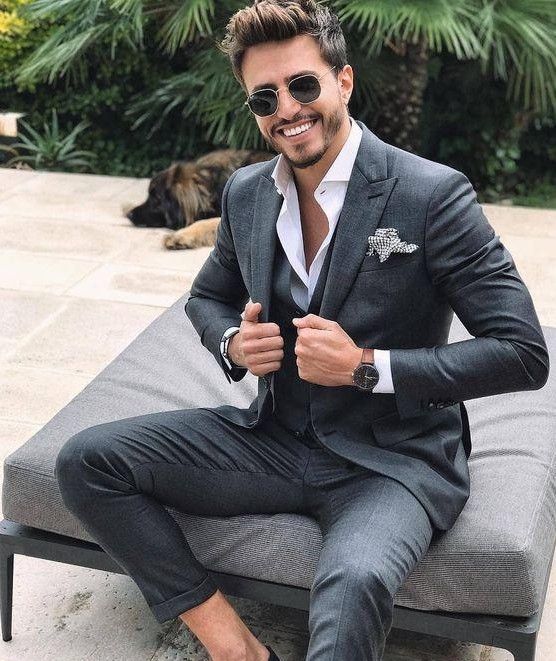 Centralizar saltar cable Gris oscuro a medida Hombres Traje 2019 Slim Fit inteligente Business Casual  chaqueta formal Prom Party