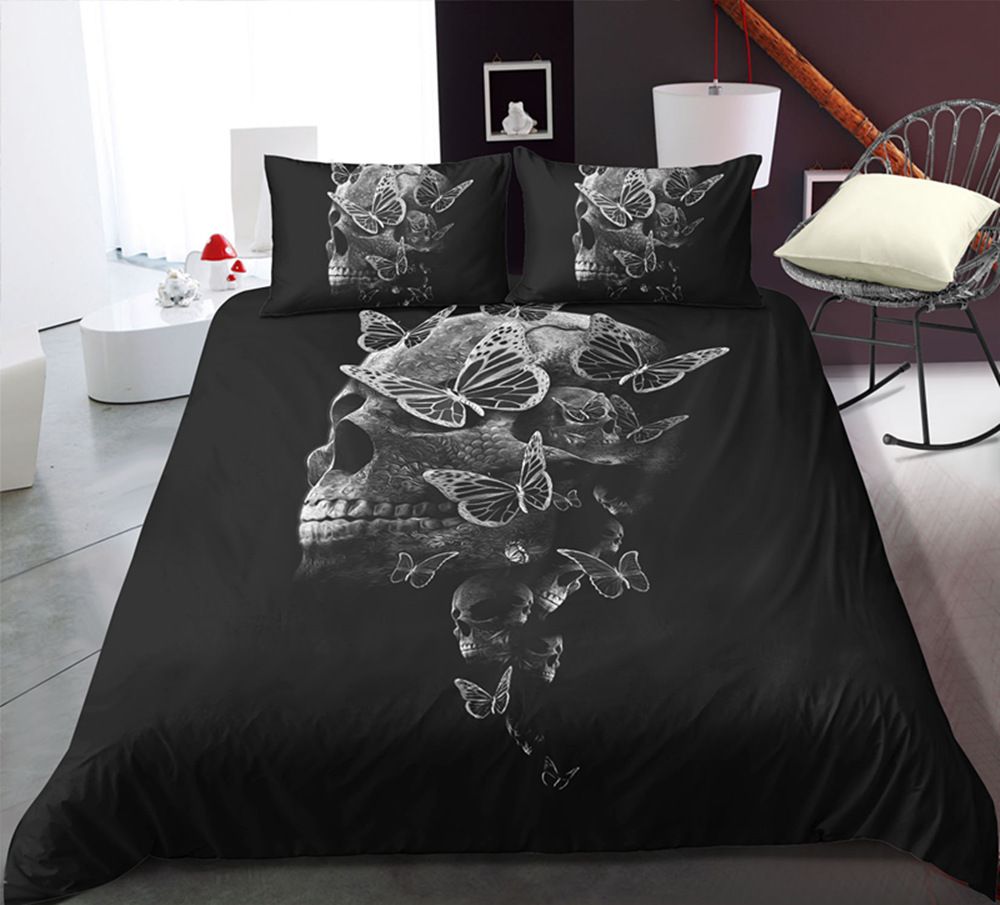 Simple Printed Bedding Set Double Size Skull Butterflies Duvet