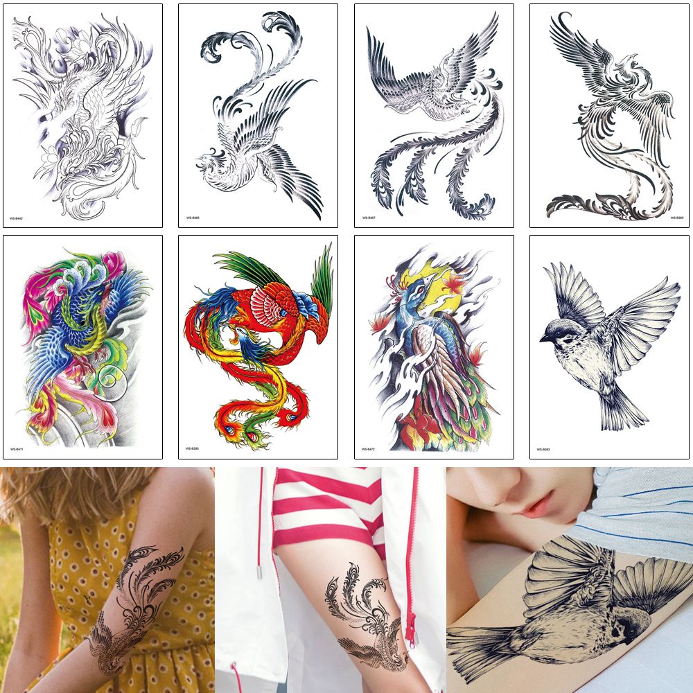 Temporary Tattoo Body Art Sticker Phoenix Bird Crane Flower Design Woman  Man Lover Fan Waterproof Tattoo Arm Sleeve Leg Chest Makeup Gift 3D