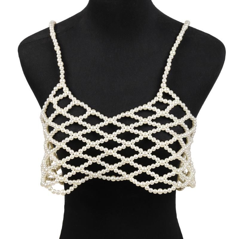 2020 Women Solid Chest Chain Accessories Craft V Neck Pearl Vest