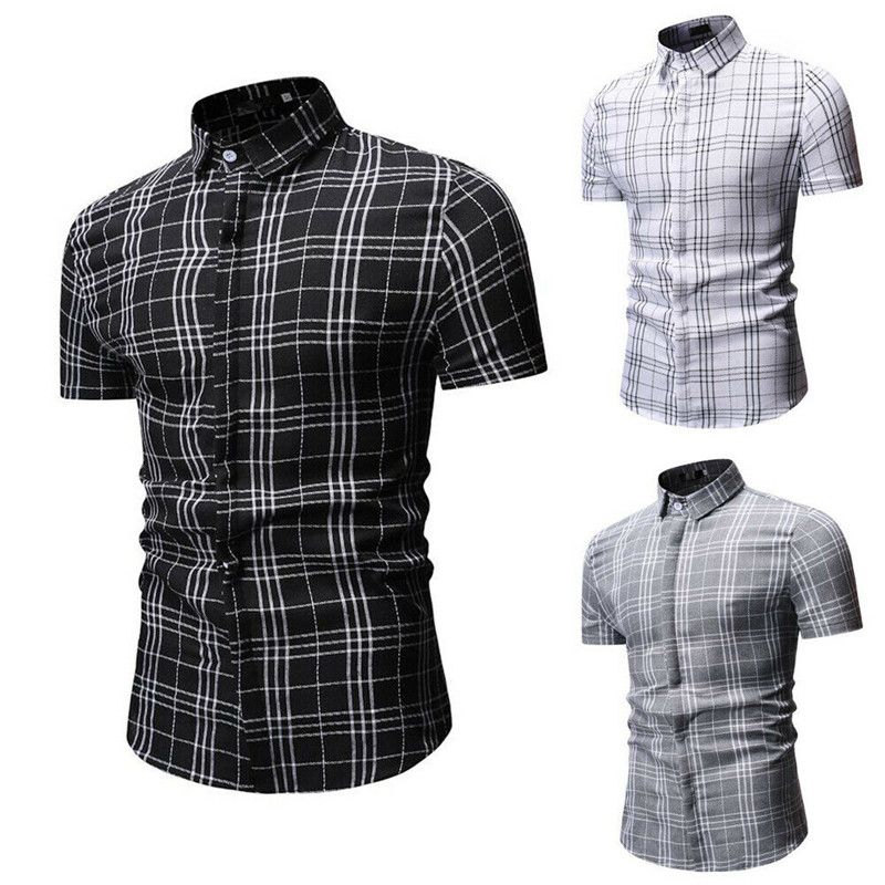 YYear Mens Short Sleeve Checkered Slim Fit Summer Button Down Dress Shirt