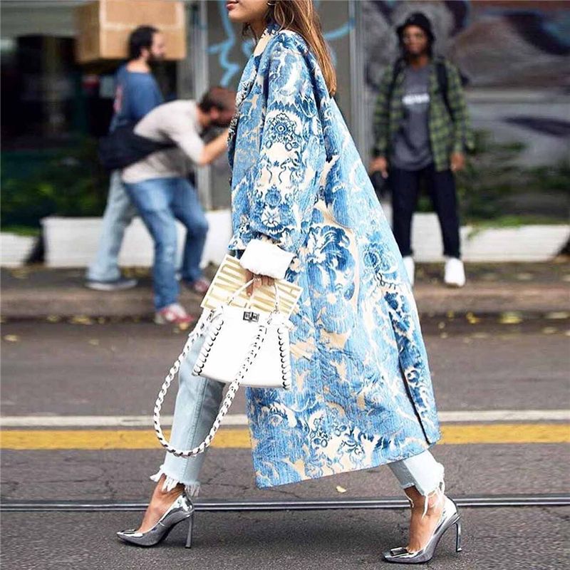 Otoño para mujer patrón floral estampado largas combinaciones abrigos femenina manga de manga fiesta