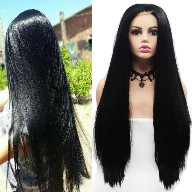 Middle Part 24 Inch Synthetic Black Lace Front Wig 1 4 Lace Long